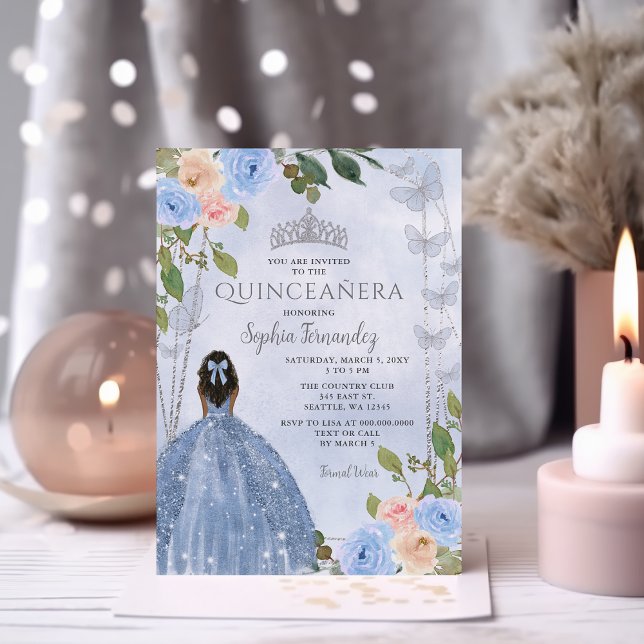 Convite Dusty Blue Silver Princesa Floral Quinceañera (Dusty Blue Silver Floral Princess Quinceañera Invitation)