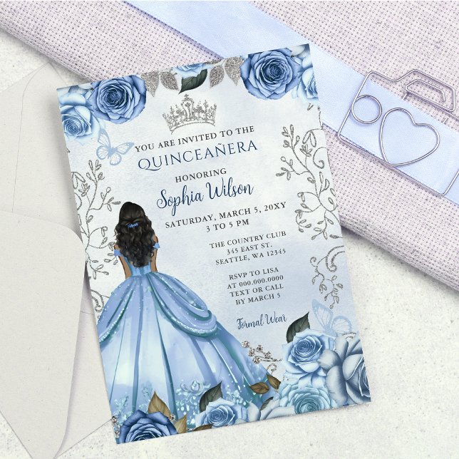 Convite Dusty Blue Silver Princesa Floral Quinceañera (Dusty Blue Silver Floral Princess Quinceañera Invitation)