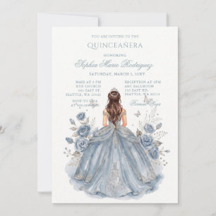 Convite Dusty Blue Silver Princess Floral Quinceañera