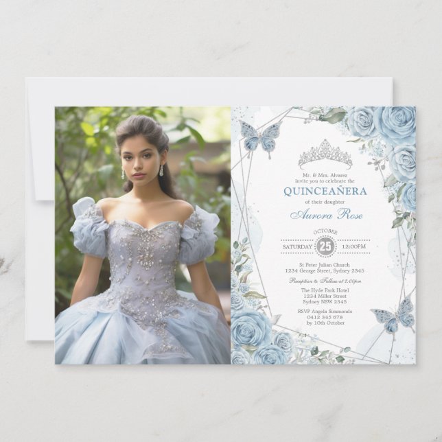 Convite Dusty Blue Silver Quinceañera Butterfly Foto (Frente)