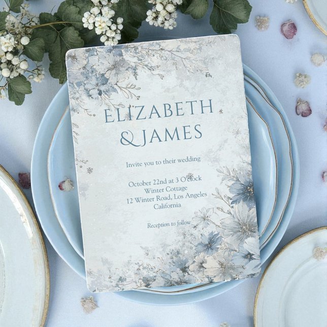 Convite Dusty Blue Silver Rosa Winter Floral Weding (Criador carregado)