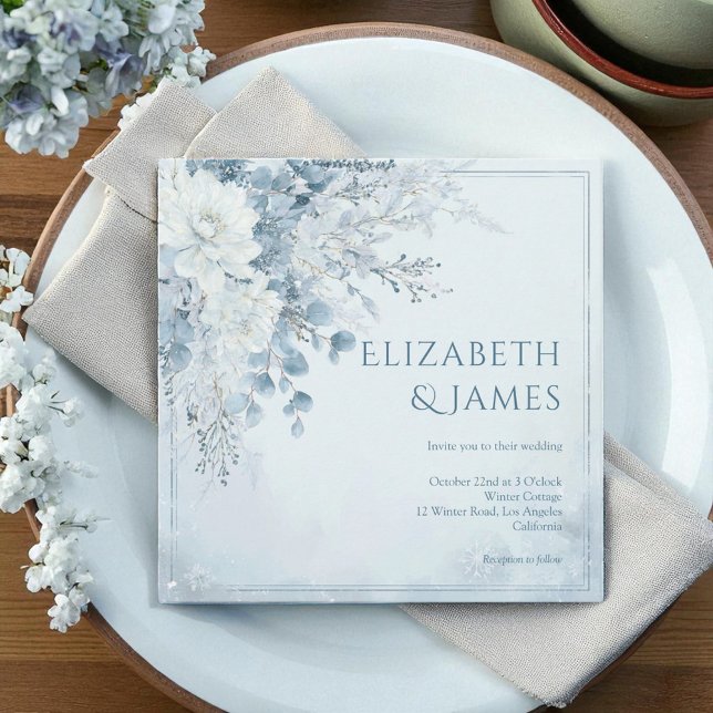 Convite Dusty Blue Silver Rosa Winter Floral Weding (Dusty Blue Silver Rose Winter Floral Wedding Invitation)
