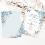 Convite Dusty Blue Silver Sweet 16 Butterfly Aniversário<br><div class="desc">O convite perfeito para o doce 16 da sua filha está finalmente aqui! Este convite apresenta elegantes rosas azuis empoeirados de cor d'água,  borboletas doces e prata geométrica moderna. Clique no botão "personalizar mais" se quiser reorganizar e formatar o estilo e a posição do texto.</div>