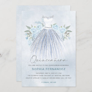 Convite Dusty Blue Silver Vestido Floral Quinceañera