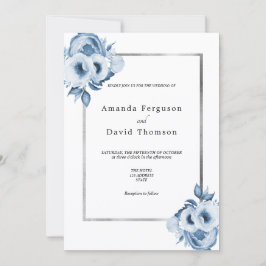 Convite Dusty blue silver watercolored florals wedding