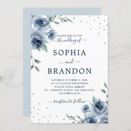 Convite Dusty Blue Slate Floral Botânico Casamento Chic