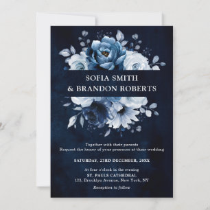 Convite Dusty Blue Slate Marinho Floral Casamento Botânico