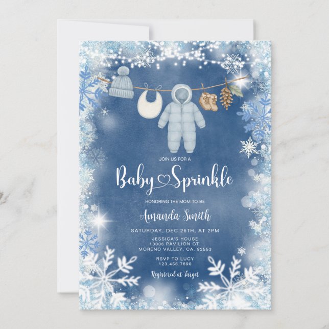 Convite Dusty Blue Snowflake Boy Clothesline Baby Sprinkle (Frente)