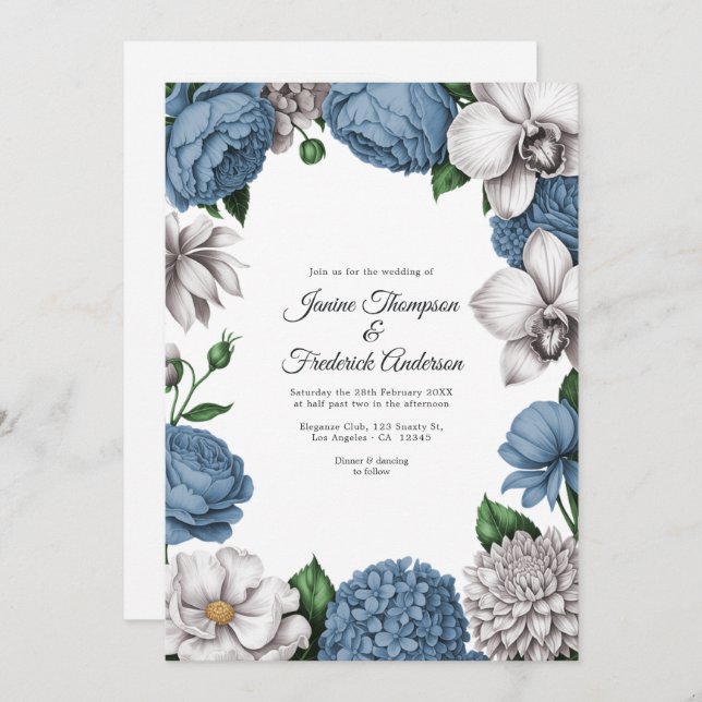 Convite Dusty Blue & Soft Grey Watercolor Floral Wedding (Frente/Verso)