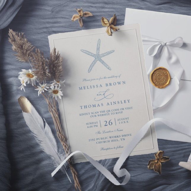 Convite Dusty Blue Starfish Beach Elegant QR Code Wedding (Criador carregado)
