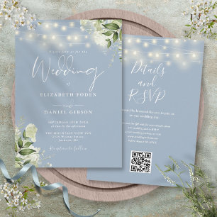 Convite Dusty Blue String Lights Floral Código QR Casament