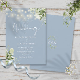 Convite Dusty Blue String Lights Floral Monograma Casament