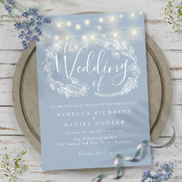 Convite Dusty Blue String Lights Script Weding