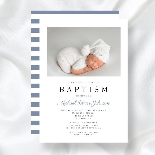 Convite Dusty Blue Stripes Elegante Fotografia Boy Baptism (Dusty Blue Stripes Elegant Photo Boy Baptism Invitation)