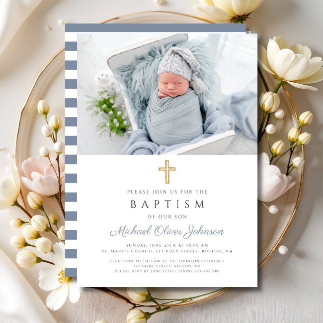 Convite Dusty Blue Stripes Foto Cruzada Baptismo (Dusty Blue Stripes Cross Photo Boy Baptism Invitation)