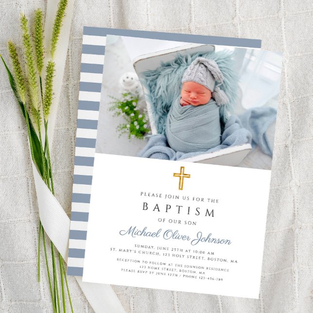 Convite Dusty Blue Stripes Foto Cruzada Baptismo (Dusty Blue Stripes Cross Photo Boy Baptism Invitation)