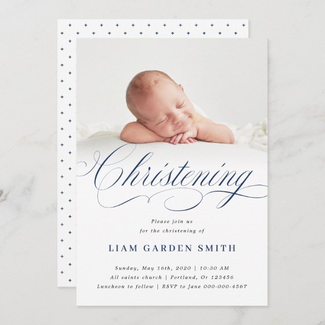 Convite Dusty Blue Subtle Cross Script Christening (Frente/Verso)