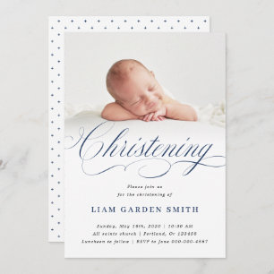 Convite Dusty Blue Subtle Cross Script Christening