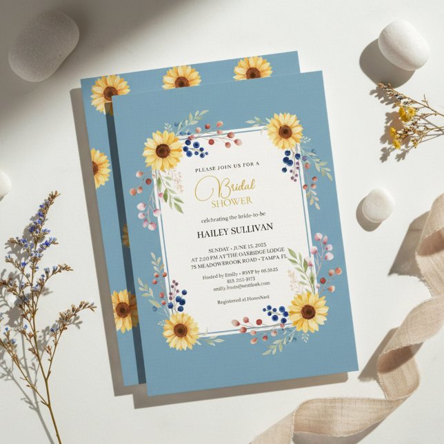 Convite Dusty Blue Sunflower Bridal Shower Gold Frame (elegant bridal shower invitation)