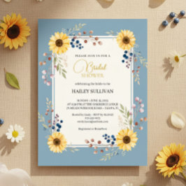 Convite Dusty Blue Sunflower Bridal Shower Gold Frame