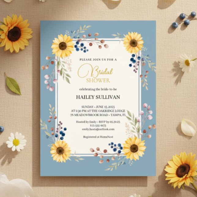 Convite Dusty Blue Sunflower Bridal Shower Gold Frame (Dusty Blue Sunflower Frame)