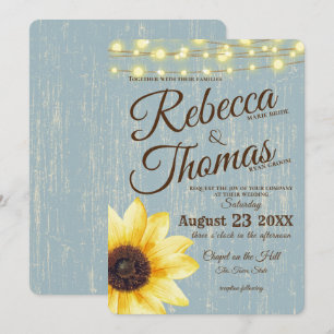 Convite Dusty Blue Sunflower e Luzes Russo Casamento