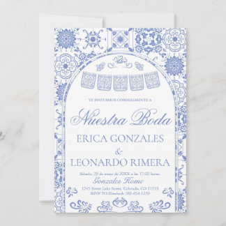 Convite Dusty Blue Talavera Papel Picado Spanish Wedding
