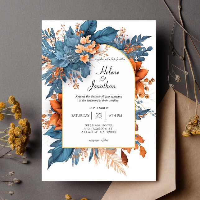 Convite Dusty Blue Terracotta Boho Floral Casamento Elegan (Dusty Blue Terracotta Boho Floral Elegant Wedding Invitation)
