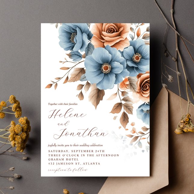 Convite Dusty Blue Terracotta Boho Floral Casamento Elegan (Dusty Blue Terracotta Boho Floral Elegant Wedding Invitation)