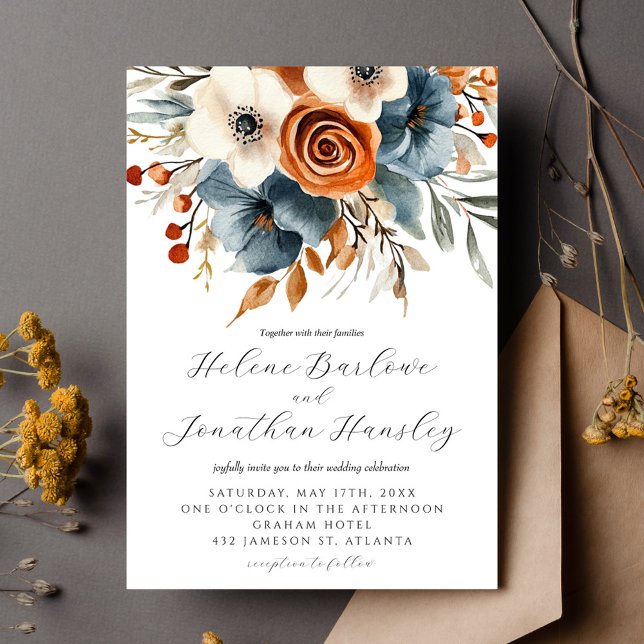 Convite Dusty Blue Terracotta Boho Floral Casamento Elegan (Dusty Blue Terracotta Boho Floral Elegant Wedding Invitation)