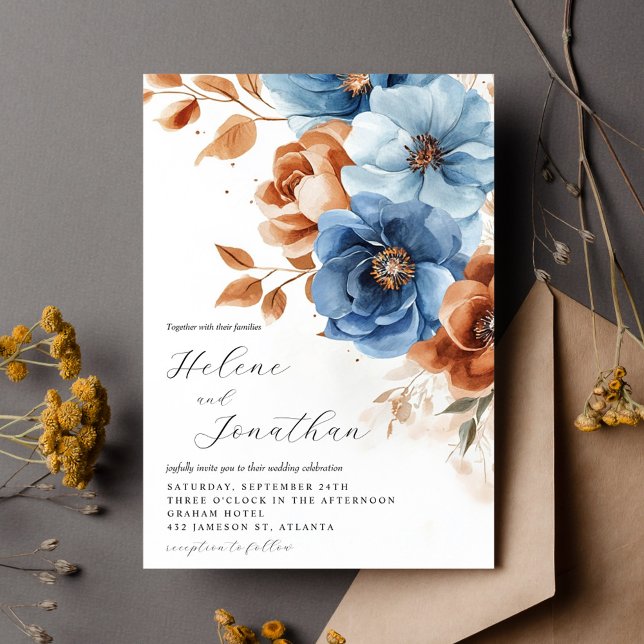 Convite Dusty Blue Terracotta Rust Casamento Floral Elegan (Dusty Blue Terracotta Rust Elegant Floral Wedding Invitation)