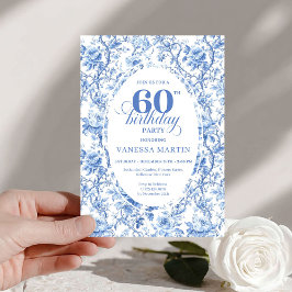 Convite Dusty Blue Toile Roses 60th Birthday Digital 