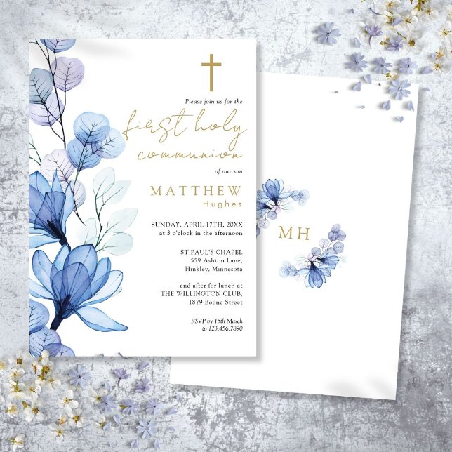 Convite Dusty Blue Transparente Floral Primeira Comunhão S (Dusty Blue Transparent Floral First Holy Communion Invitation)