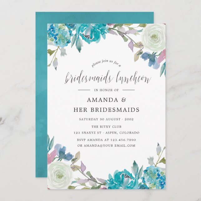 Convite Dusty Blue & Turquoise Floral Bridesmaids Luncheid (Frente/Verso)