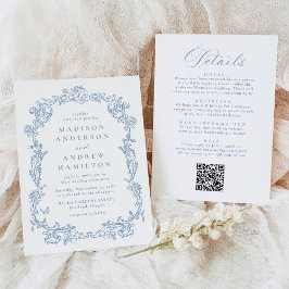 Convite Dusty Blue Victorian Floral All in One Wedding