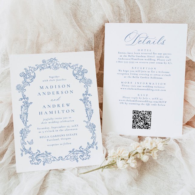 Convite Dusty Blue Victorian Floral All in One Wedding (Criador carregado)