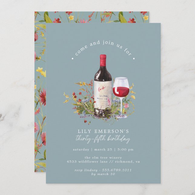 Convite Dusty Blue | Vinho Tinto Qualquer Festa de anivers (Frente/Verso)