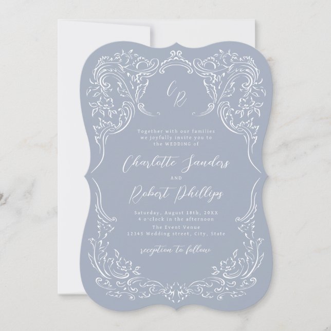 Convite Dusty Blue Vintage Casamento de Monograma Flourish (Frente)
