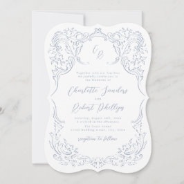 Convite Dusty Blue Vintage Casamento de Monograma Flourish