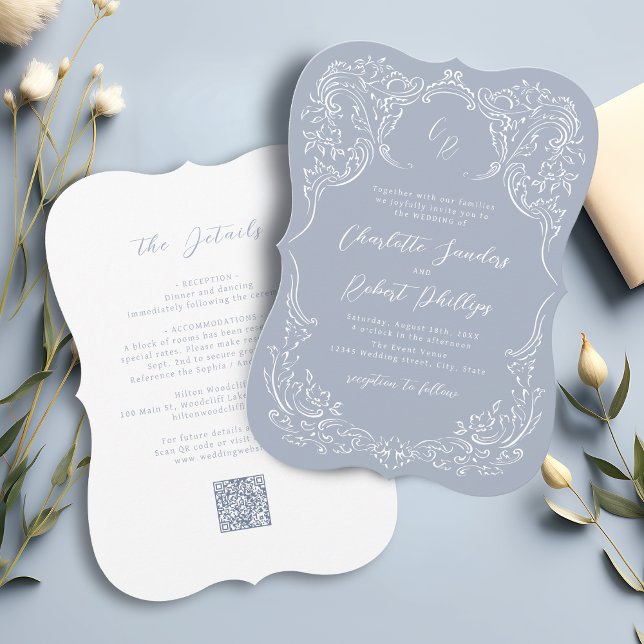 Convite Dusty Blue Vintage Casamento de Monograma Flourish (Dusty Blue Vintage Flourish Monogram Wedding Invitation)