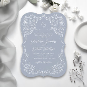 Convite Dusty Blue Vintage Casamento de Monograma Flourish