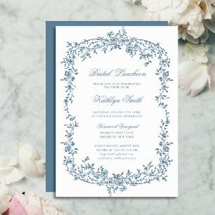 Convite Dusty Blue Vintage Script Floral Bridal Lunchee