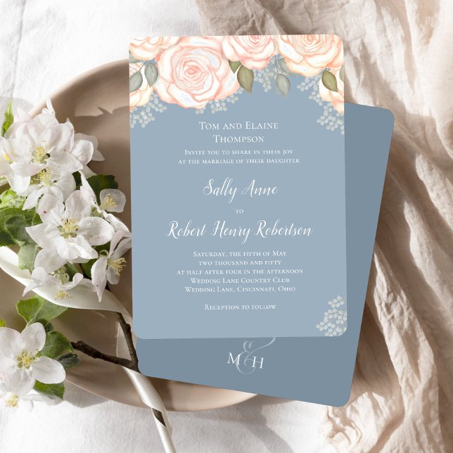 Convite Dusty Blue Watercolor (Elegant dusty blue wedding invitation template.)