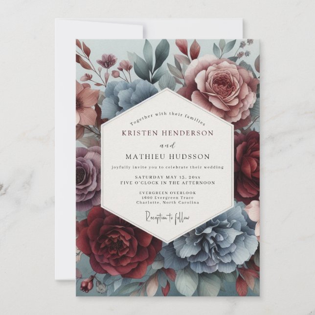 Convite Dusty Blue Watercolor Bloom Wedding (Frente)