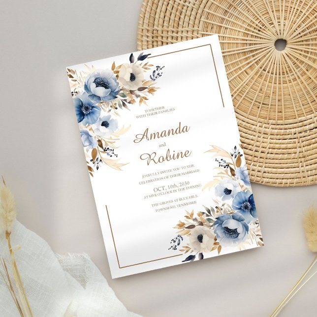 Convite Dusty Blue Watercolor Casamento Floral (Criador carregado)