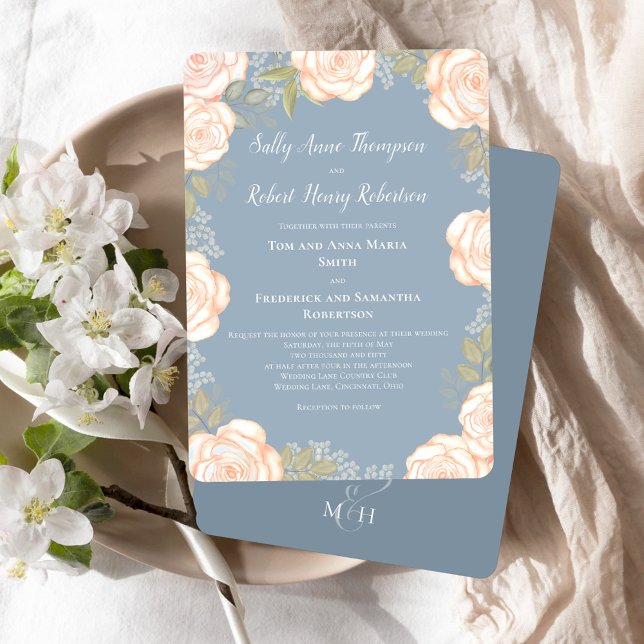 Convite Dusty Blue Watercolor Casamento Floral (Dusty blue wedding invitations with watercolor blush pink floral.)
