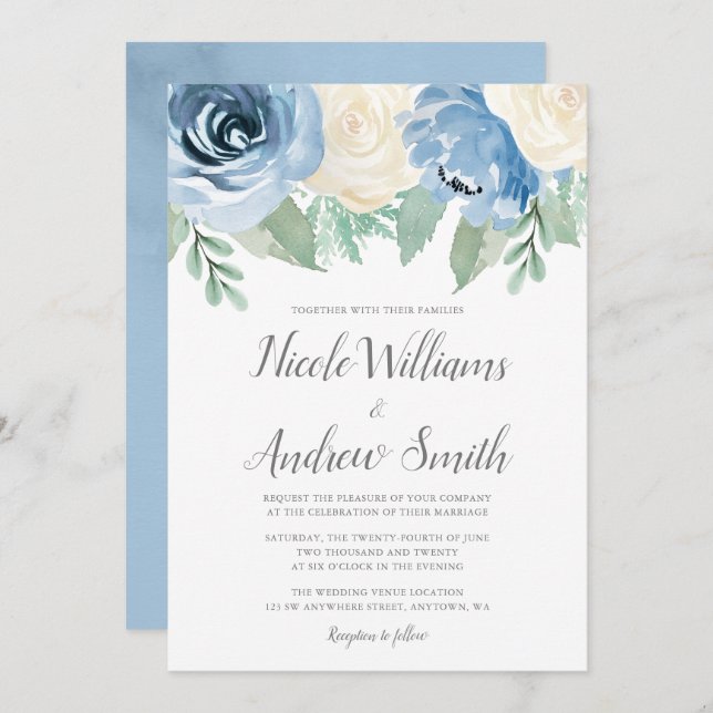Convite Dusty Blue Watercolor Casamento Floral (Frente/Verso)