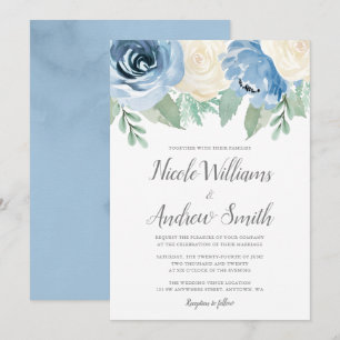 Convite Dusty Blue Watercolor Casamento Floral