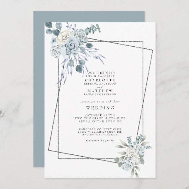 Convite Dusty Blue Watercolor Casamento Geométrico (Frente/Verso)