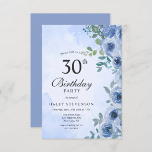 Convite Dusty Blue Watercolor Floral aniversário de 30 ano